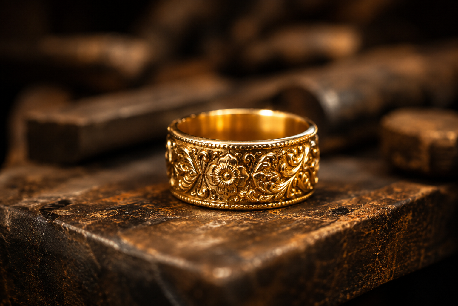 Gold filigree ring on a workbench