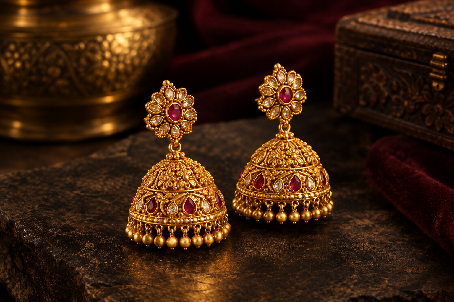 Ornate gold jhumka earrings