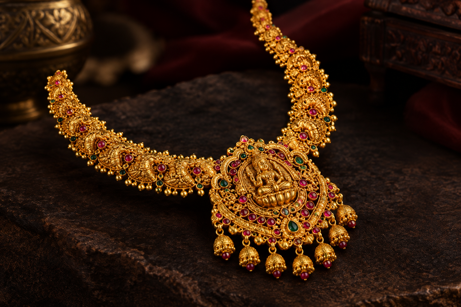 Ornate gold temple necklace