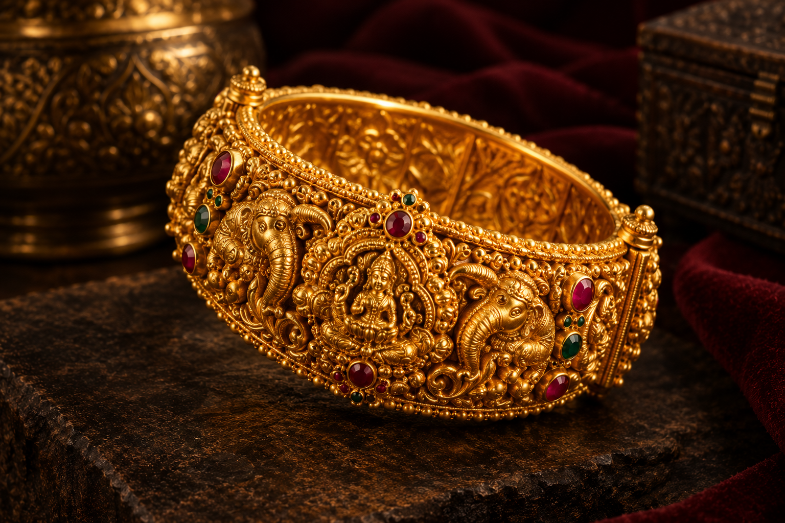 Gold temple bangle with rubies