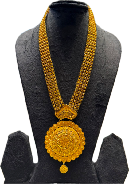 Gold mesh necklace with a large round filigree pendant and a small drop
